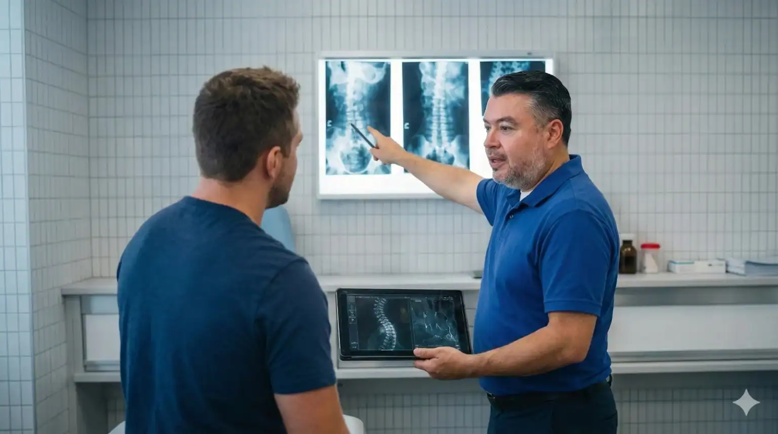 A doctor in a blue shirt points at spine X-rays on a lightbox while explaining the results to a patient, who is listening attentively. The doctor also holds a tablet displaying similar X-ray images.